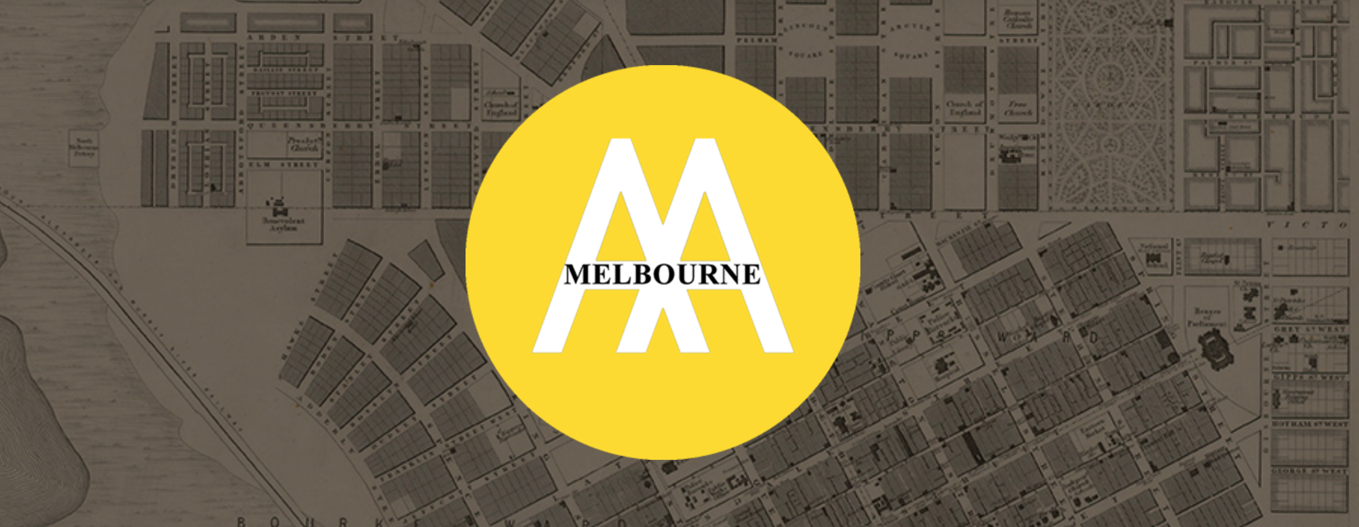AA Visiting School Melbourne logo over a historic city map